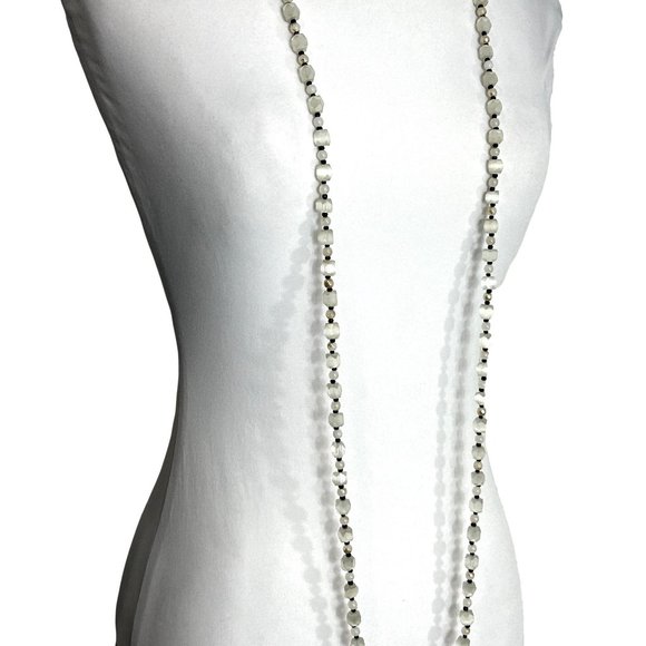 Long 56" Beaded Necklace White Faceted Beads Black Spacers Tunic Length - Picture 2 of 12